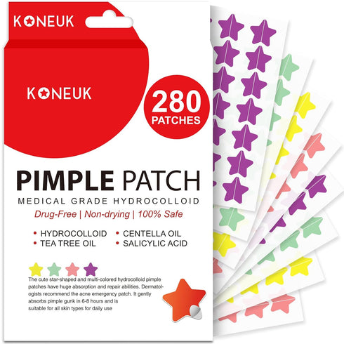 280 Counts Acne Patches for Face,Hydrocolloid Pimple Patches with Salicylic Acid,Tea Tree Oil and Centella Extract,Cute Star Zit Cover Patches,Col...