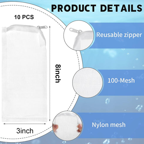10 Pieces Small Aquarium Filter Bags with Zipper 3 x 8 Inch Fine Filter Media Bags 150 Micra Mesh Bags Reusable Fish Tank Charcoal Filter Bag for ...