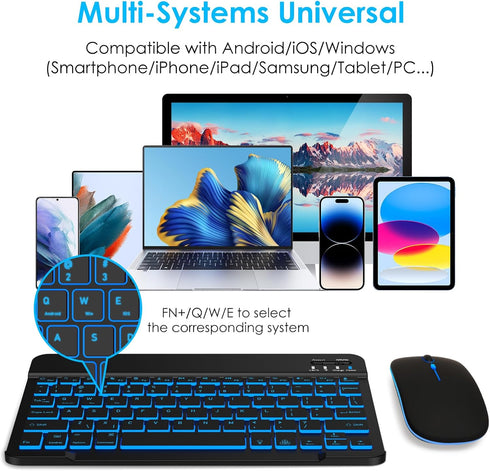 LAMA 7 Colors Backlit Universal Bluetooth Keyboard and Mouse, Ultra-Slim Rechargeable Wireless Keyboard and Mouse for iPad/iPad Mini/iPad Air iPad...