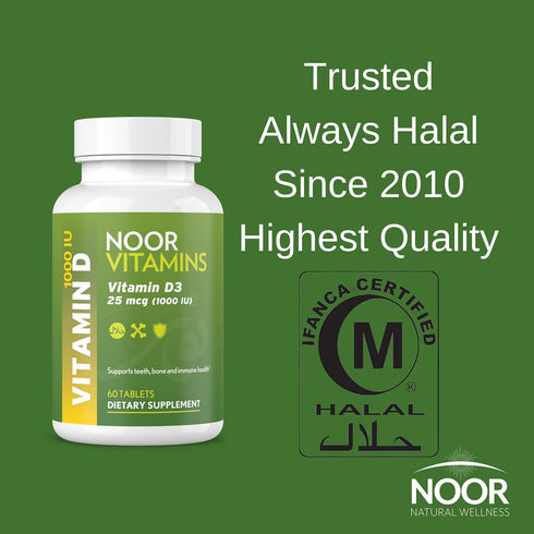 Noor Vitamins Halal Vitamin D, Halal Vitamin D3, 1000 IU Tablets, Supports Bone, Immune & Heart Health, Non-GMO, Gluten Free & Halal (60 Count)...