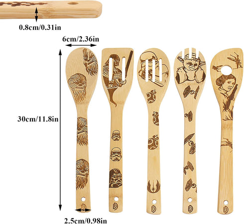 5 PCS Star Wars Burned Wooden Spoon,Star Wars Gifts for Men,Funny Mothers Day Gifts,Baby Yoda Gifts for Women,Slotted Wooden Spatula Utensil Set f...