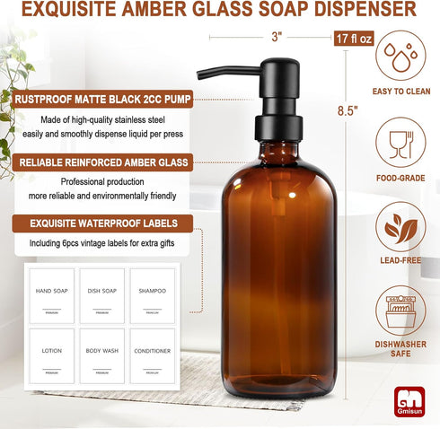 GMISUN Amber Glass Soap Dispenser, 2 Pack Bathroom Hand Soap Dispensers with Stainless Steel Pump, 17 Fl Oz Kitchen Hand and Dish Soap Dispenser S...