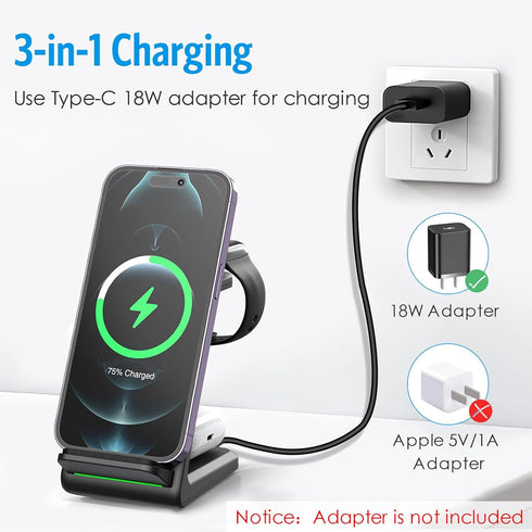 Criacr 3 in 1 Charging Station for Apple Samsung Multiple Devices,Wireless Chager for iPhone 15/14/13/12 & Samsung Galaxy, Magsafe Charging Stand ...