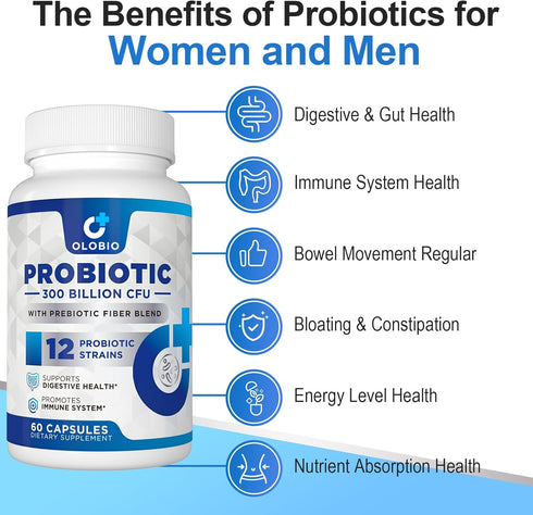 300 Billion CFU Probiotic, Probiotics for Women Men, 12 Probiotics Strains + 3 Prebiotics, Daily Probiotic Supplement, Probiotics for Digestive He...