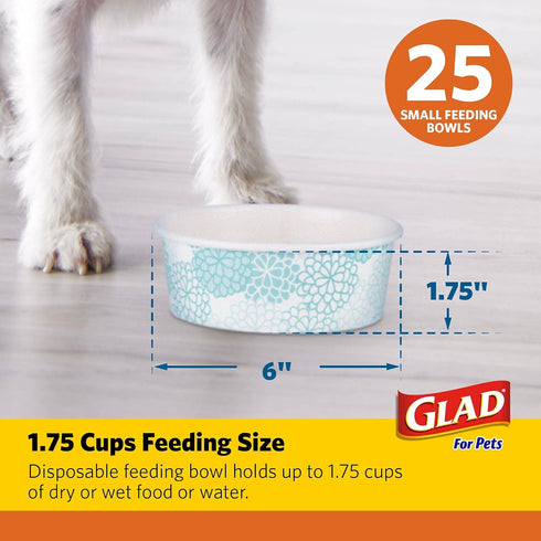 Glad Pets Disposable Small Dog Bowls, Teal Pattern, 1.75 Cup Feeding Size, 25 Count - Leakproof and Dishwasher Safe...
