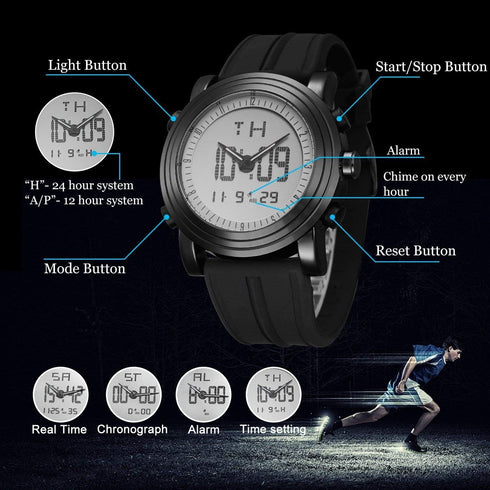 BUREI Mens Analog Digital Sport Watches with Alarm Stopwatch LED Backlight Rubber Strap...