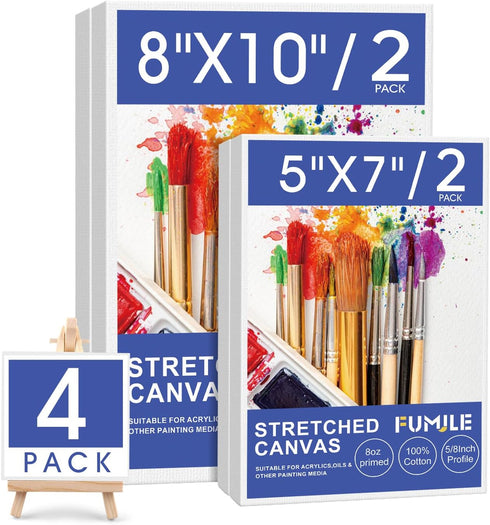 FUMILE Stretched Canvas for Painting, Canvases for Painting Multi 4 Pack 5x7,8x10 (2 of Each), Cotton Primed Acid Free Blank Canvases for Painting...