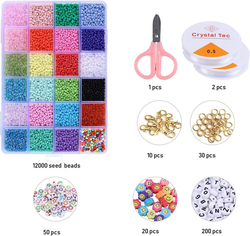 AnutriON 12000pcs 3mm Tiny Color Glass Seed Beads for Bracelets Making Kit and Smile Face Charm Beads Letter Beads for Friendship Bracelets Jewelr...