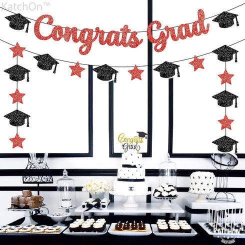 KatchOn, Glitter Congrats Grad Banner Red and Black - 10 Feet | Black and Red Graduation Banner, Grad Cap Garland for Grad Decorations Class of 20...