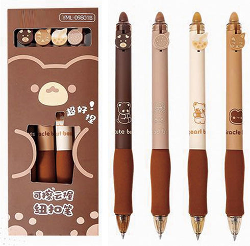 4 Pcs Erasable Gel Ink Pens Retractable Pens Cute Bear Pens 0.5mm Fine Point Pen Office School Pens Women Girls Pens (Black Ink-Coffee Bear)...
