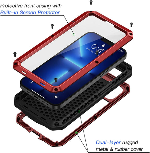 Lanhiem for iPhone 13 Pro Max Metal Case, Heavy Duty Shockproof Tough Rugged Case with Built-in Glass Screen Protector, 360 Full Body Protective C...