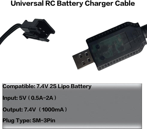 7.4V USB Charger Cable with SM-3PIN Plug Compatible RC Car RC Plane RC Tank RC Boat and Other Remote Control Toys for Universal 7.4V Lipo Battery ...