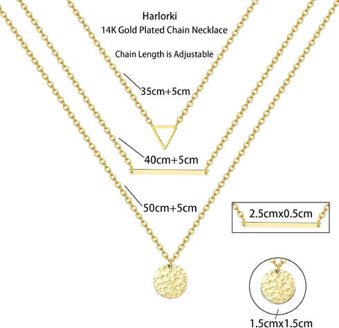Harlorki Dainty Simple 14K Gold Plated Layered Link Chain Choker Triangle Bar Hammered Disk Pendant Necklace Fashion Jewelry Gift for Women Lady...