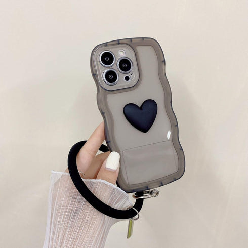 Black Heart Phone Case Compatible with iPhone 14, Cute 3D Love Heart Phone Case, Curly Wave Shape Clear Heart Phone Cover with Round Bracelet for ...