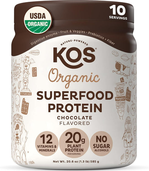 KOS Vegan Protein Powder, Chocolate USDA Organic - Low Carb Pea Protein Blend, Plant Based Superfood with Vitamins & Minerals - Keto, Soy, Gluten ...