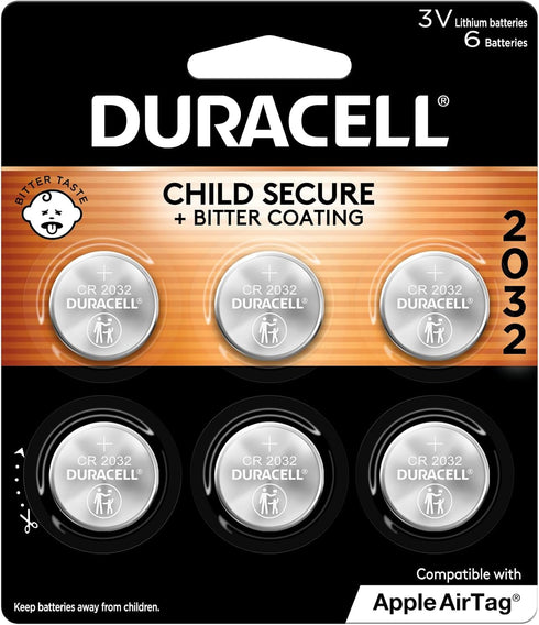 Duracell 2032 Lithium Battery. 6 Count Pack. Child Safety Features. Compatible with Apple AirTag, Key Fob, and other devices. CR2032 Battery Lithi...