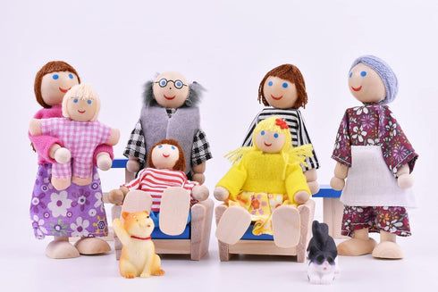 Wooden Dollhouse People, 2-4 inches Doll House Dolls Family with 2 Pets (Dog and Cat)...