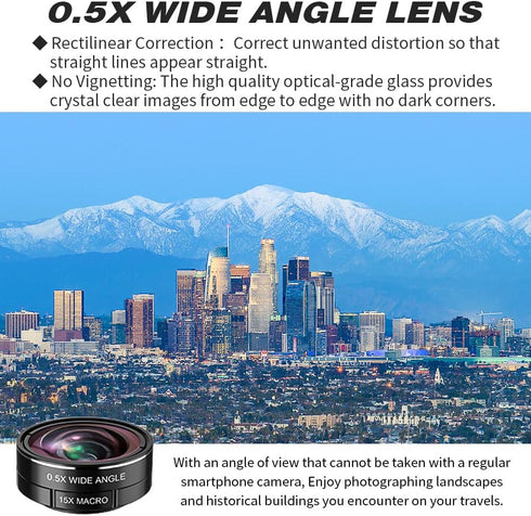 3 in 1 Lens Kit for iPhone and Android, 15X Macro Lens + 0.5X Wide Angle Lens + 230° Fisheye Lens, Phone Camera Lens, Color Black......