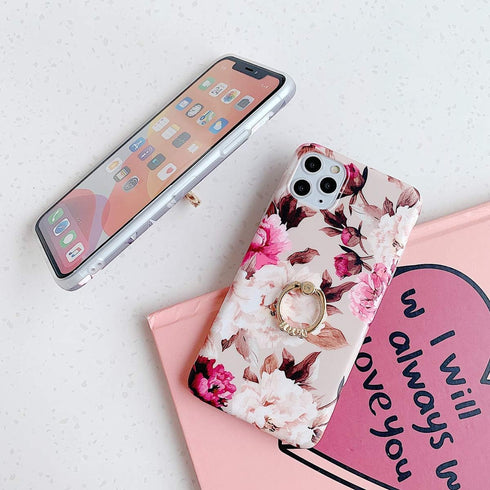 Qokey Compatible with iPhone 11 Case 6.1 inch,Floral Cute Clear for Men Women Girls with 360 Degree Rotating Ring Kickstand Soft TPU Shockproof Co...