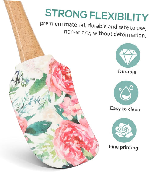 Luxshiny Silicone Scraper Spatula, 2pcs Wooden Handle Rubber Spatula Flower Pattern Mixing Scraper Cream Butter Spatula Non-stick Kitchen Utensils...
