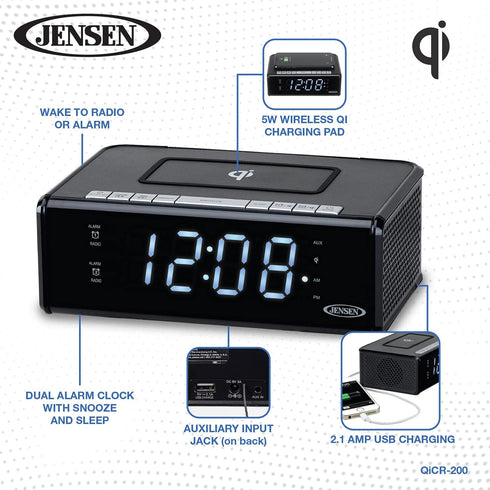 Jensen QiCR-200 Dual Alarm Clock Radio with Qi Charging, White, 9.40in. x 5.00in. x 3.00in....