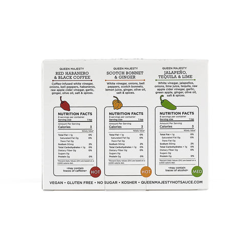 Queen Majesty 2OZ HOT SAUCE SAMPLER, Mini 2 oz - Jalapeño, Scotch Bonnet, Red Habanero/Award Winning Sauces - All Natural, Kosher, Vegan, Gluten F...
