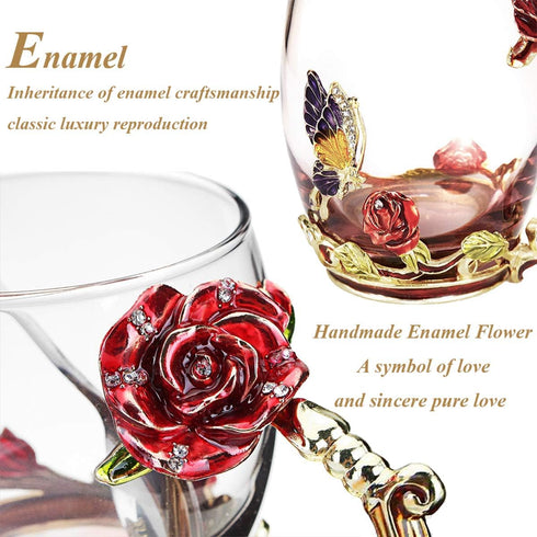 Kaiyuan Dynasty Tea Cup Glass Coffee Mugs Enamel Rose Flower Butterfly Drinking Cups with Spoon Set for Birthday Wedding Red Rose Tall Mug 12oz...