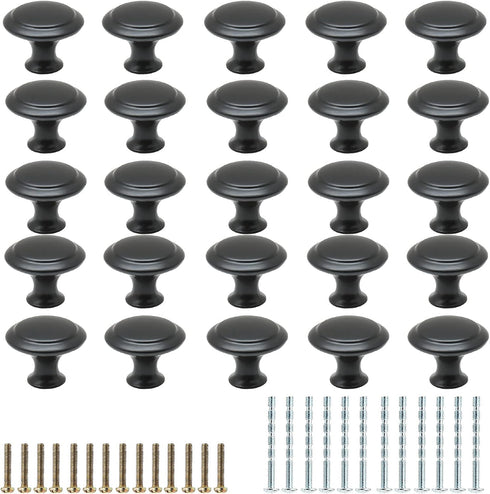 25PCS Black Mushroom Knobs, Stainless Steel Dresser Knobs 1 inch Diameter Round Drawer Knob Pull Handle with Mounting Screws for Chest Cabinet Cup...