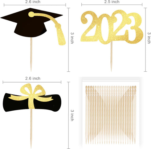 48 PCS Graduation Cupcake Toppers - 2023 Graduation Decoration, Glitter Class of 2023 Food Appetizer Picks, Graduation Theme Party Supplies Gold M...