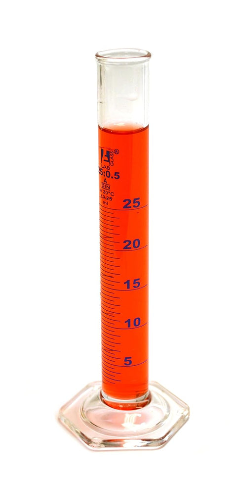 EISCO Graduated Cylinder, 25ml - Class A Tolerance ±0.25ml - Hexagonal Base - Blue Graduations - Borosilicate 3.3 Glass...