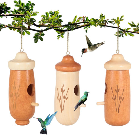 Hummingbird House - Handcrafted Natural Wood Hummingbird Nesting Houses for Garden Gifts and Home Decor 3 Pack...