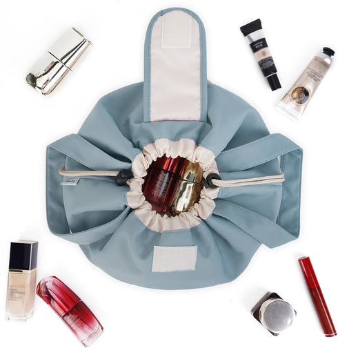 Barrel Drawstring Makeup Bag Large Cosmetic Bag Make up Bags Toiletry Organizer for Women (Greyish Blue) (Patent Pending)...