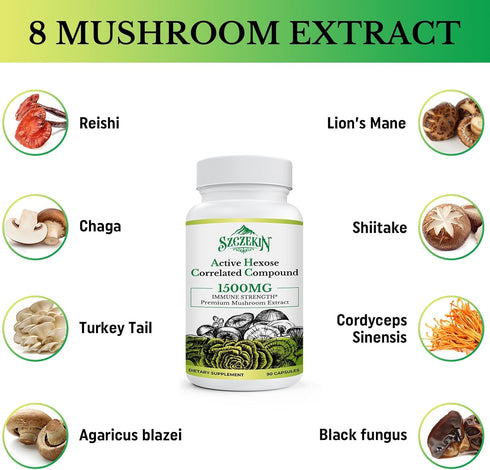 Active Hexose Correlated Compound 1500 mg Supplement, Natural 8 Mushroom Extract Supplement, Immune System, Liver Function, Natural Killer and T C...