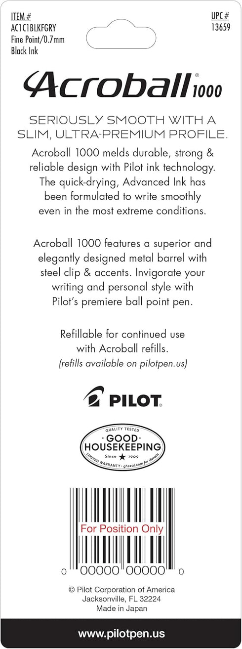 PILOT Acroball 1000 Ultra-Premium Refillable & Retractable Ball Point Pen, Gray Barrel, Fine Point, Black Ink, Single Pen (13659)...