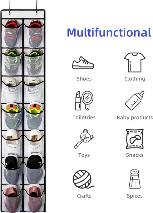 KEEPJOY Over The Door Shoe Organizer, Hanging Shoe Organizer with 4 Hooks, Shoe Holder with 14 Mesh Pockets Closet Door Shoe Storage Bag (White-2P...