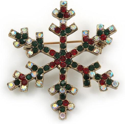 Vintage Inspired Green/Ab/Red Crystals Christmas Snowflake Brooch In Antique Gold Tone - 40mm...