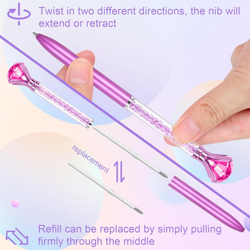 6 Pcs Diamond Pens with Crystal,Pens with Diamonds on Top, Diamond Pens Bulk including Black Ink Pen Refill, Diamond Top Pens for Office School Ho...