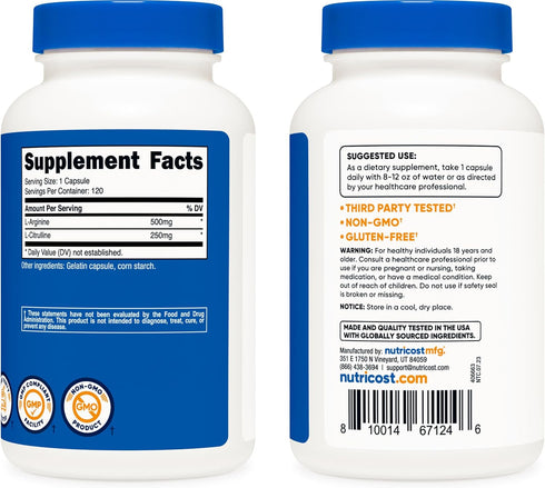 Nutricost L-Arginine L-Citrulline Complex 750mg, 120 Capsules - Non-GMO...
