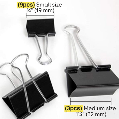 BAZIC Binder Clips Assorted Size Black, Small Medium Large Paper Clamps Paper Clip, Paperclips for Office School Supplies Home (12/Pack), 1-Pack...