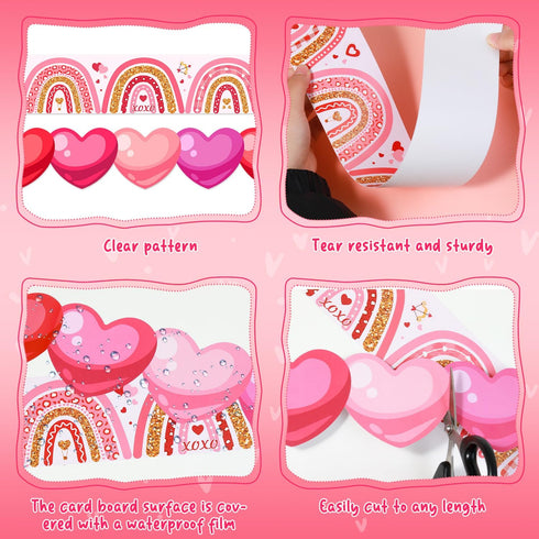 2 Rolls 66ft Valentines Day Bulletin Board Borders Pink Red Love Heart Boho Rainbow Decorations Paper Border Trim for Classroom School Blackboard ...