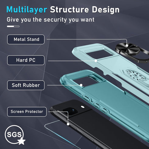 for Google Pixel 8a Case with Screen Protector + Camera Lens Protector,Heavy Duty Shockproof Full Body Protective Cover Built in Rotatable Metal R...