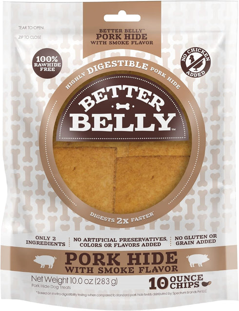 Better Belly Pork Hide Chips with Smoke Flavor, 10 Ounce, Digestible Pork Hide for Dogs (P-94450)...