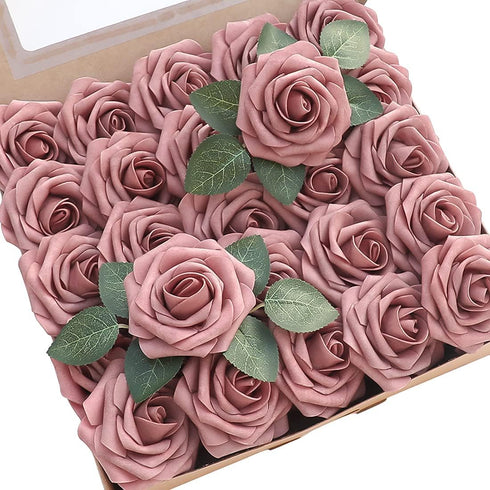 Floroom Artificial Flowers 25pcs Real Looking Dusty Rose Foam Fake Roses with Stems for DIY Wedding Bouquets Bridal Shower Centerpieces Floral Arr...