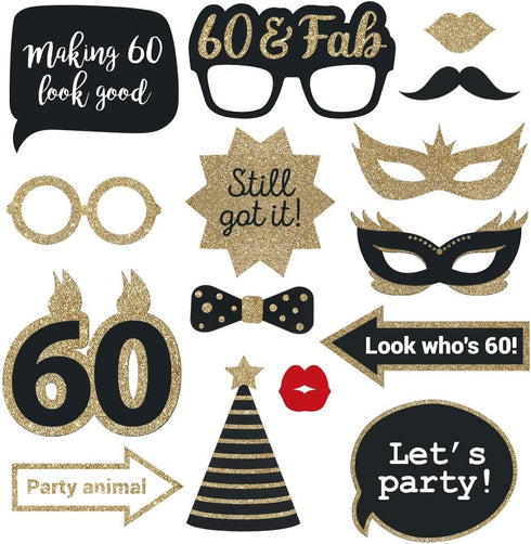 Fully Assembled 60th Birthday Photo Booth Props - Set of 30 - Black & Gold Selfie Signs - 60th Party Supplies & Decorations - Cute Bday Designs wi...