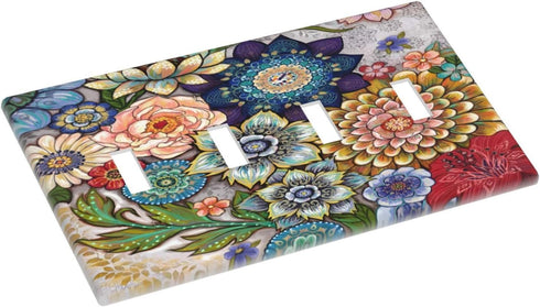 Boho Floral Bright 4 Gang Light Switch Cover Quad Toggle Wall Plate Decorative Electrical Faceplate Standard Size for Bathrooms Bedroom Kitchen Ho...