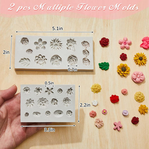 2 Pcs Flower Polymer Clay Molds for Jewelry Making, Daisy Rose Sunflower Nosegay Miniature Clay Molds for Polymer Clay Earrings Decoration for Cla...