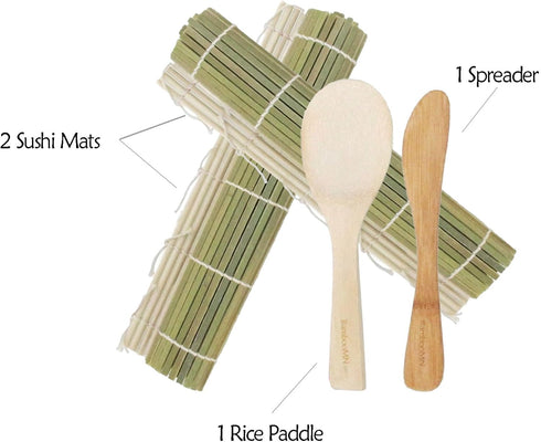 BambooMN Sushi Making Kit 2x Green Bamboo Rolling Mats, 1x Rice Paddle, 1x Spreader | 100% Bamboo Mats and Utensils...