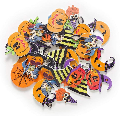 100 Pieces Halloween Wood Buttons Pumpkin Witch Spider Bat Owl Shaped Wooden Buttons 2 Holes Buttons for Sewing Knitting Scrapbooking DIY Hallowee...