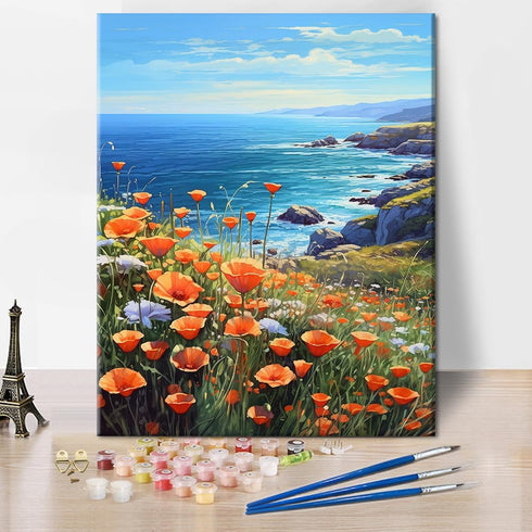 TUMOVO Paint by Number for Adults Flowers Sea Landscape Paint-by-Number Kits Poppies Ocean Kids Adult Paint by Number Sea View DIY Painting by Num...
