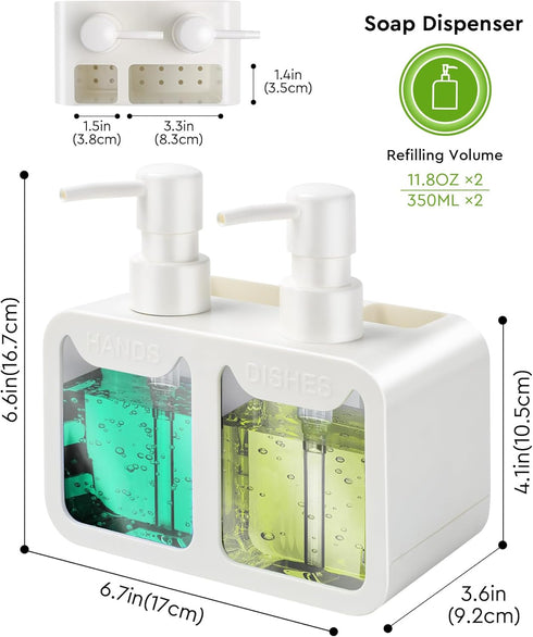 kitchen Hand Soap and Dish Soap Dispenser Set, Dual Soap Dispenser with Sponge Caddy and Brush Holder 4-in-1 Organizer for Kitchen Sink Countertop...
